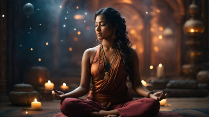 Woman meditating in yoga pose, meditator harnessing this vital energy through meditation and deep spiritual connection.