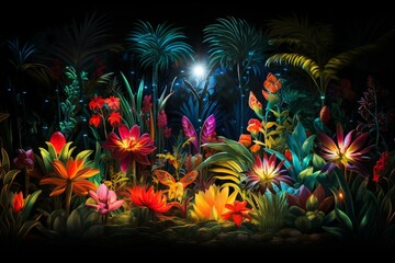 Obraz na płótnie Canvas vibrant foliage illuminated by bright lights. Generative AI