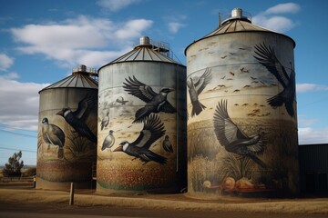 artwork depicting birds on grain storage silos. Generative AI