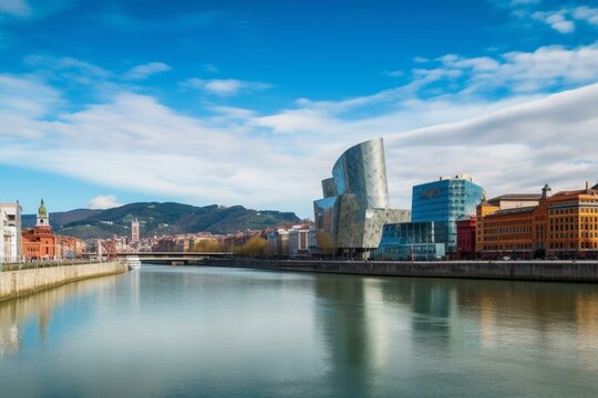 Skyline of the city Bilbao in Spain. Generative AI