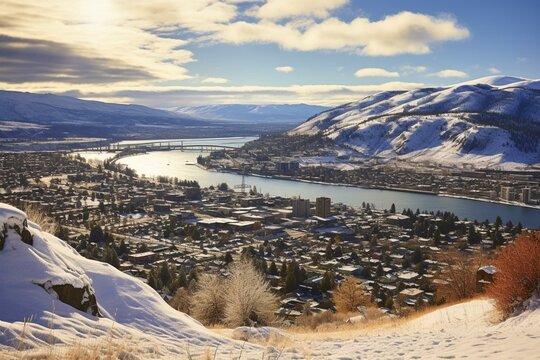 Sunny winter day capturing Mount Paul and downtown Kamloops, British Columbia. Generative AI