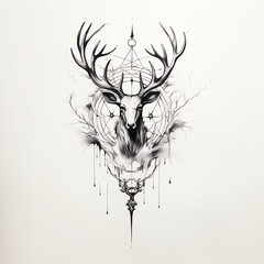 Deer Skull Antlers Skeleton Halloween Dare Pattern of Dried Plants Flowers Grass Branches Tattoo Print Stamp