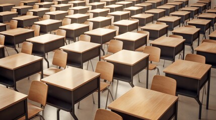 Empty classroom desks arranged in rows, symbolizing the impact of remote learning.