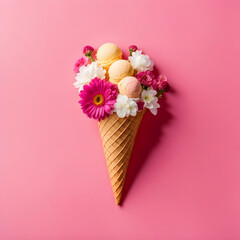 Ice cream cone with white and pink flowers and scoops on a pink background