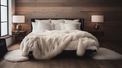 Fototapeta na wymiar Faux fur rug on a wooden bedroom floor