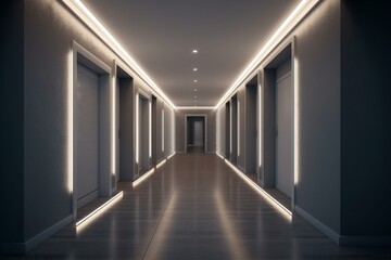 3D rendering of a hallway with illumination. Generative AI