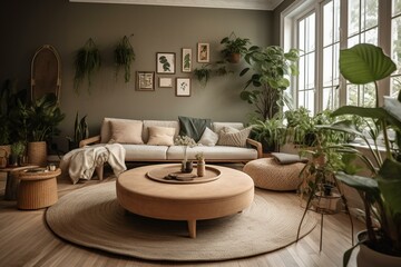 Warm living room with comfortable sofa, circular coffee table and lush green plants. Generative AI
