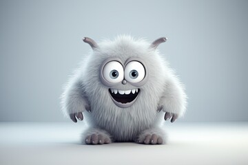 Funny fluffy grey monster isolated on clear light gray background. Happy and furry little monster. Cute yeti. Halloween character - obrazy, fototapety, plakaty