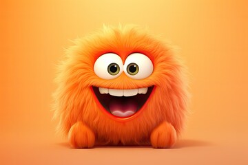Funny fluffy monster isolated on clear bright orange background. Happy and furry little monster. Cute yeti. Halloween character - obrazy, fototapety, plakaty