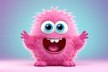 Funny fluffy pink monster isolated on clear blue background. Happy and furry little monster. Cute yeti. Halloween character - obrazy, fototapety, plakaty