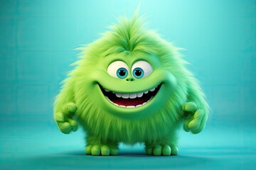 Funny fluffy green monster isolated on teal blue background. Happy and furry little monster. Cute yeti. Halloween character