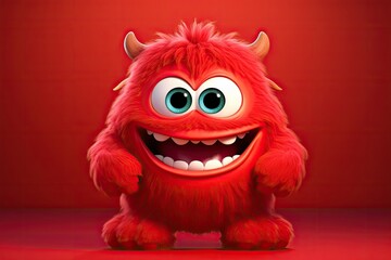 Funny fluffy monster isolated on clear bright red background. Happy and furry little monster. Cute yeti. Halloween character
