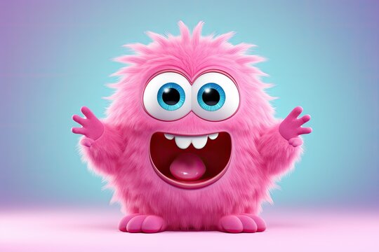 Funny fluffy pink monster isolated on clear blue background. Happy and furry little monster. Cute yeti. Halloween character