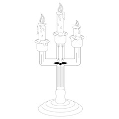 Children's coloring books: Candle holder with three burning candles and a bat, Halloween