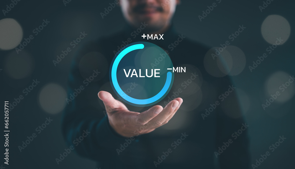 Poster businessman holding and show virtual process icon progress for increasing value added to business pr