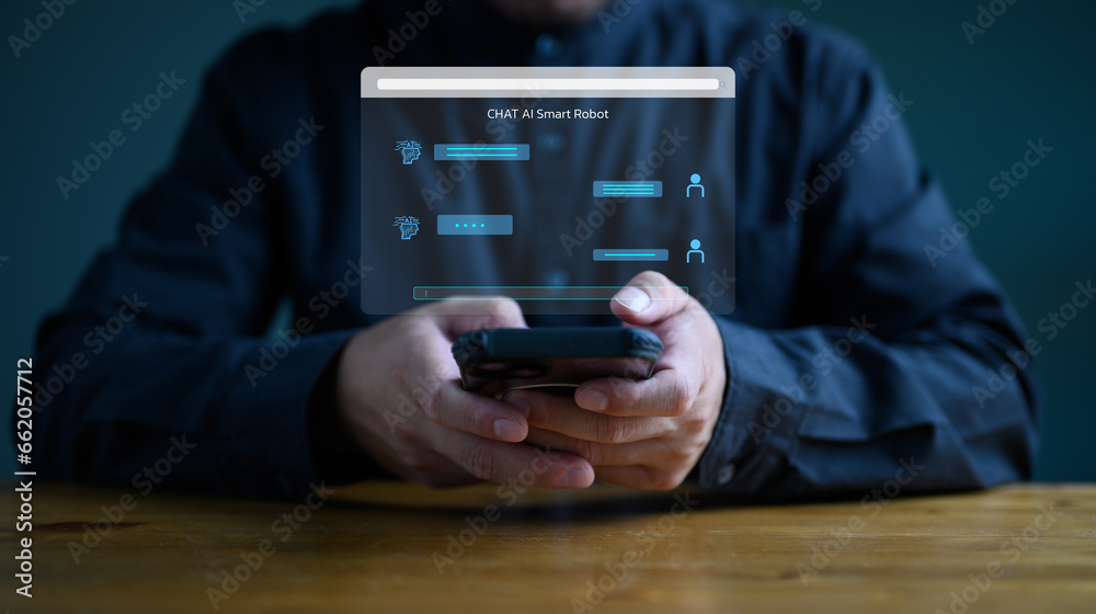 Poster ai technology, chat with ai, artificial intelligence. man using technology smart robot ai, artificia