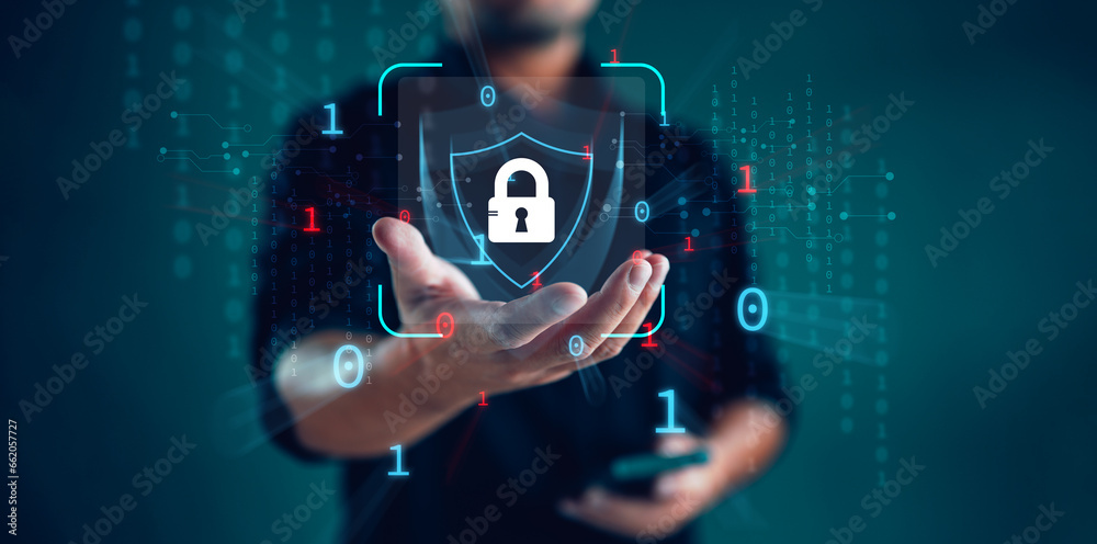 Aufkleber Cybersecurity and privacy concepts to protect data. Lock icon and internet network security technology. Businessman protecting personal data on smartphone, virtual screen interfaces. Cybersecurity.