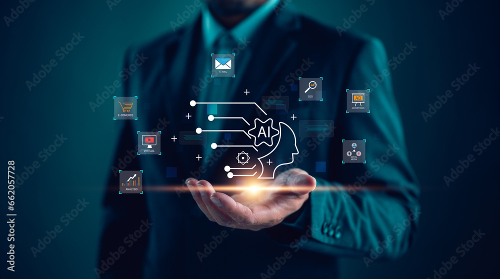 Poster AI, Artificial Intelligence, technology smart robot AI, artificial intelligence by enter command prompt for generates something, Futuristic technology transformation, Chatbot, assistant, secretary..