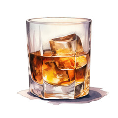 Glass of whiskey on the rocks, isolated on transparent background