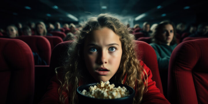 Scared teen girl holds popcorn and watches horror movie in cinema hall