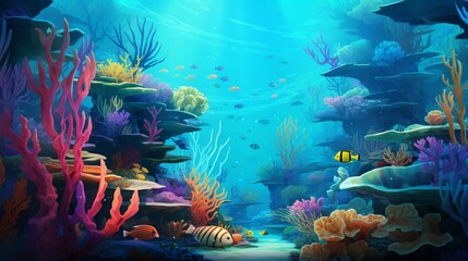 Fototapeta na wymiar Generate an abstract underwater paradise with vibrant coral reefs and exotic marine life.