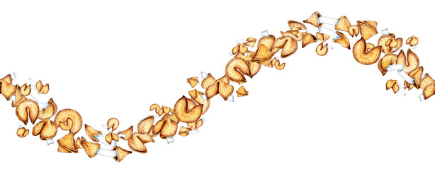 Watercolor illustration banner of fortune cookie horizontal pattern. Chinese holiday cookies. Chinese New Year. Fortune cookies. Isolated. Hand drawn.