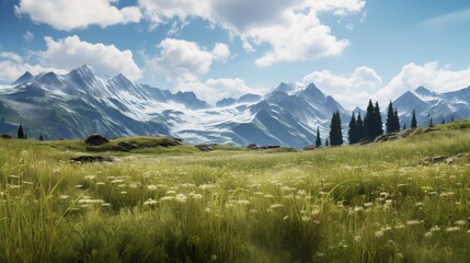 Grasses in an alpine meadow with mountains in the background. - obrazy, fototapety, plakaty