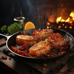 Meat frying in a pan on the stove. Generative AI. 