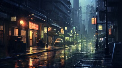 Heavy rainfall on a city street at night.