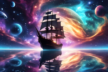A ship through the vast expanse of a fantasy cosmos