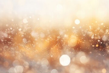  Snowfall texture on blurry background. Silver and gold abstract blurred bokeh lights. Christmas and New Year holiday backdrop with copy space - obrazy, fototapety, plakaty