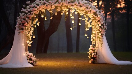 A beautifully decorated wedding arch adorned with fresh flowers and soft lighting, creating a romantic atmosphere
