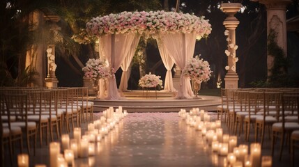 A beautifully decorated wedding venue with elegant floral arrangements, soft candlelight, and a charming gazebo for the ceremony