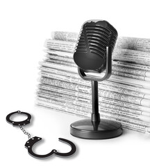 Freedom of speech. Newspapers, microphone and handcuffs on white background