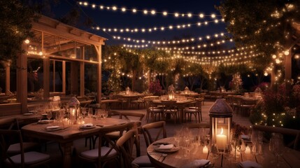 A magical evening shot of the wedding reception venue illuminated with string lights, creating a warm and festive atmosphere - obrazy, fototapety, plakaty