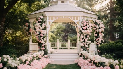A romantic garden wedding with blooming flowers, lush greenery, and a charming gazebo for the ceremony