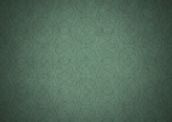 Hand-drawn unique abstract symmetrical seamless ornament. Dark semi transparent green on a light cold green with vignette of a darker background color. Paper texture. A4. (pattern: p10-2c)