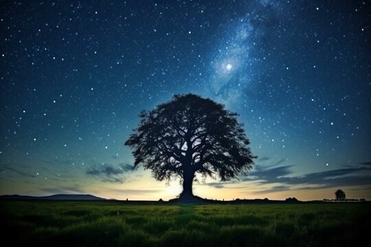 A starry sky behind a tree. Generative AI