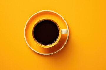 White cup of delicious black coffee on bright yellow background. Minimal trendy concept. Flat lay, top view with copy space - obrazy, fototapety, plakaty