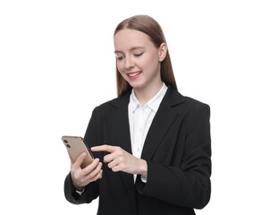 Woman sending message via smartphone isolated on white