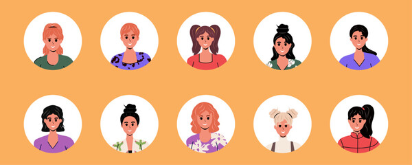 Set of Girls in flat style in different clothes. Face and hand. Person icons. Vector stock illustration. Character. Isolated. White background. Woman. Human. Emotions. Graphic design.