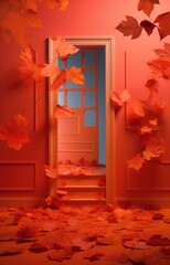 Abstract minimal autumn background with a open door and falling leaves of warm red colors. Change of seasons concept.