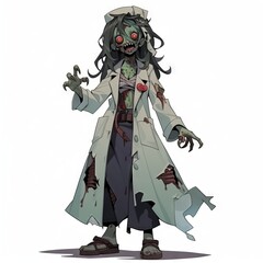 caring female doctor zombie cartoon on white background, Generative AI