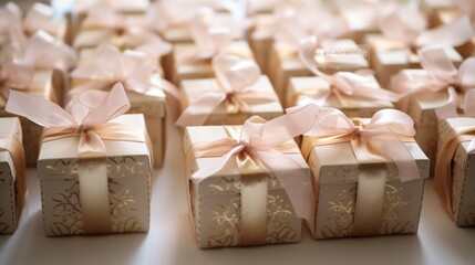 A charming shot of the wedding favors, delicately wrapped and adorned with ribbons, ready to be shared with guests