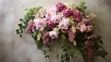 Fototapeta na wymiar A close-up of a stunning floral arrangement featuring a mix of peonies, hydrangeas, and cascading greenery