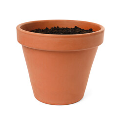 Clay flower pot with soil isolated on white