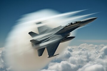 Fototapeta na wymiar High-speed military jet aircraft breaking sound barrier. Generative AI