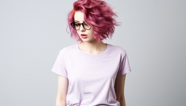 Cheerful Hipster Caucasian Woman: A Closeup Portrait of Beauty, Happiness, and Cool Style in a Pink T-Shirt