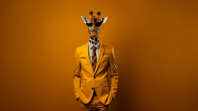 Giraffe Cartoon Tiere als Gesch&auml;ftsmann im Anzug verkleidet schaut cool in die Kamera im Querformat f&uuml;r Banner und Poster, ai generativ