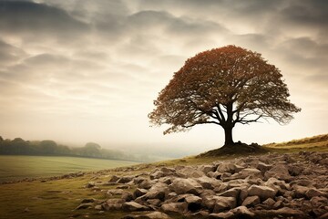 A solitary oak tree standing alone in the landscape. Generative AI